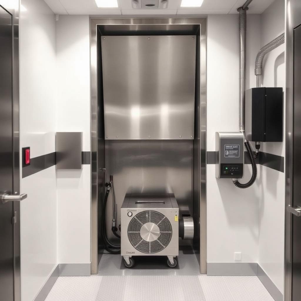 Interior of a high-rise trash chute room with stainless steel chute door and compactor — the actual source of the migrating odor