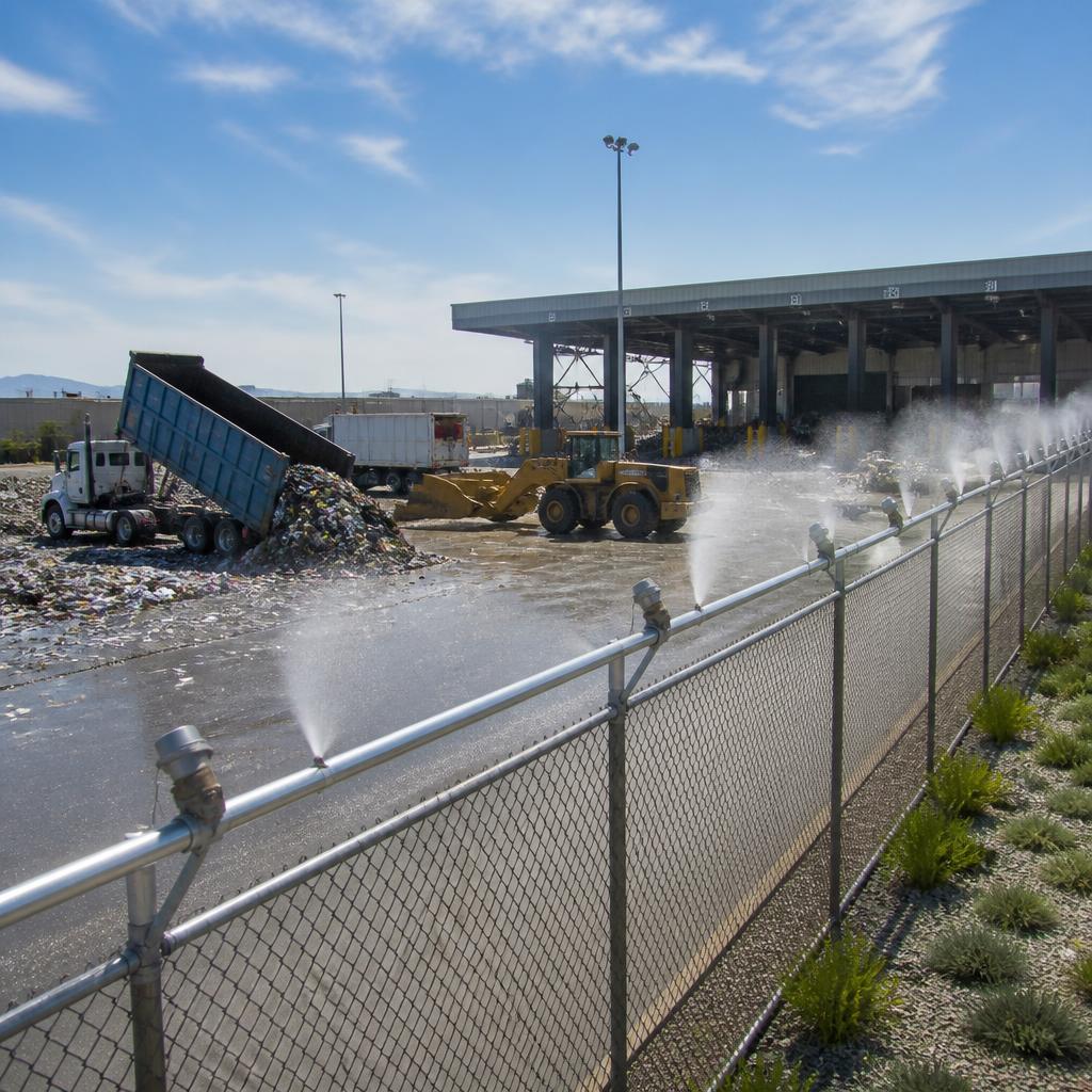 Perimeter misting odor-control system at a solid waste transfer station