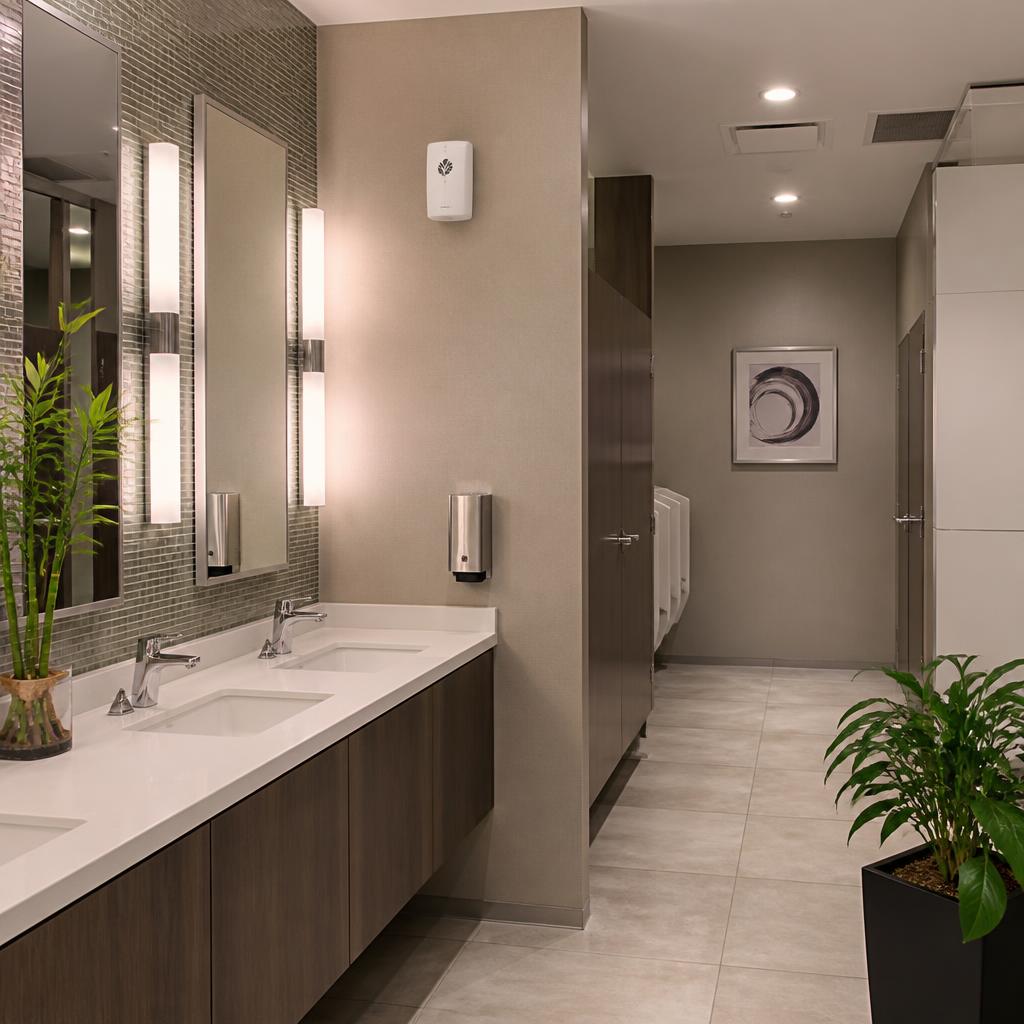 Automated restroom odor control dispenser in a modern commercial restroom